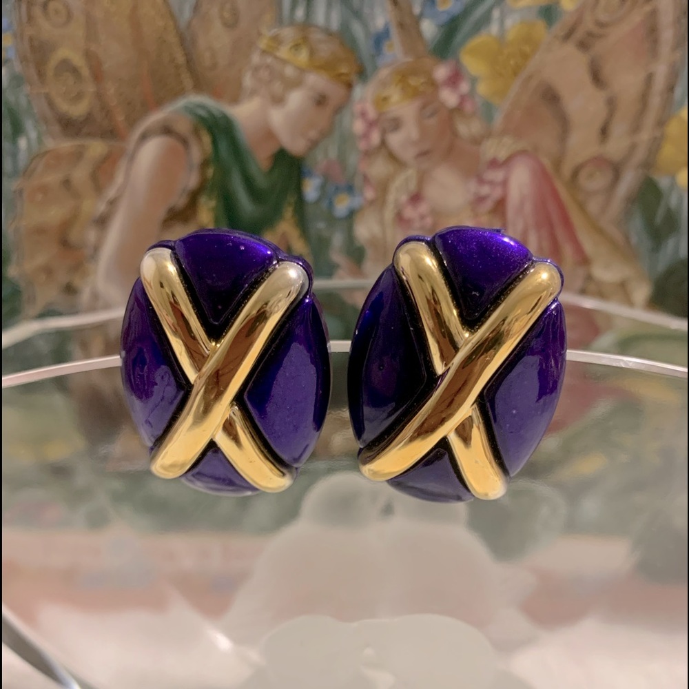 Vtg 80’s Purple Gold X Clip on Earrings